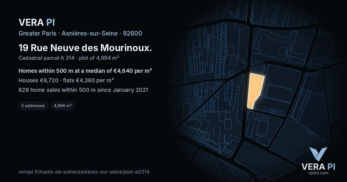 19 Rue Neuve des Mourinoux, Asnières-sur-Seine at night – the plot lit, the parcels around coloured by the prices near them