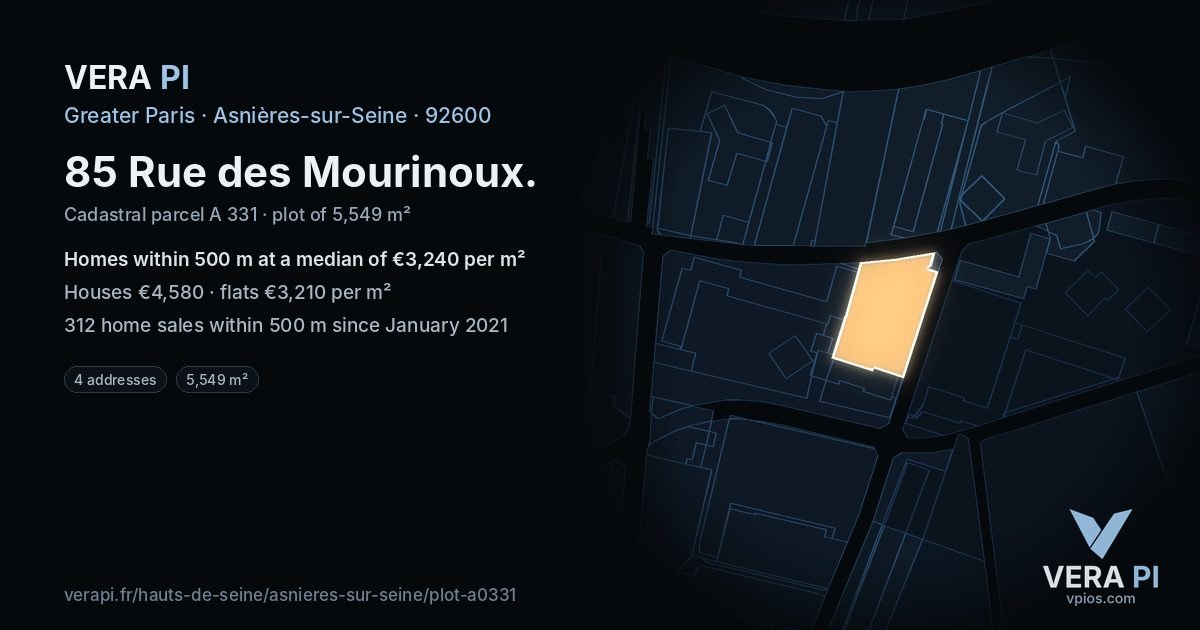 85 Rue des Mourinoux, Asnières-sur-Seine at night – the plot lit, the parcels around coloured by the prices near them