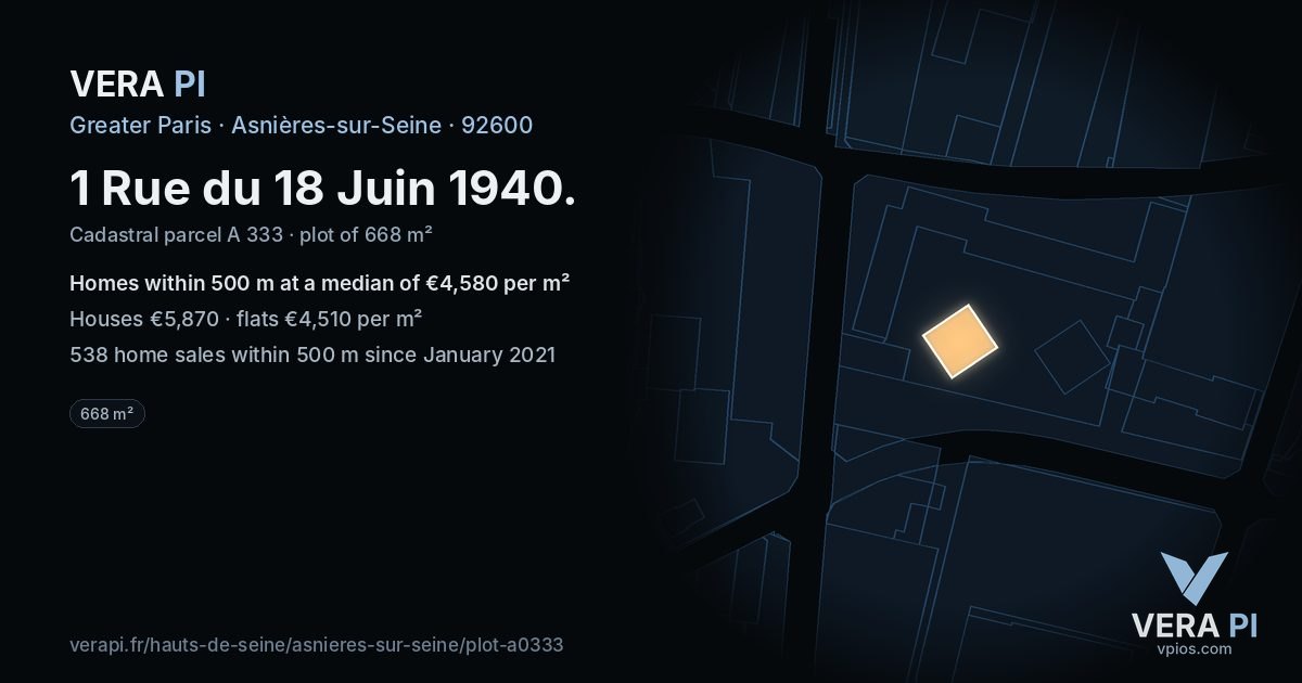 1 Rue du 18 Juin 1940, Asnières-sur-Seine at night – the plot lit, the parcels around coloured by the prices near them