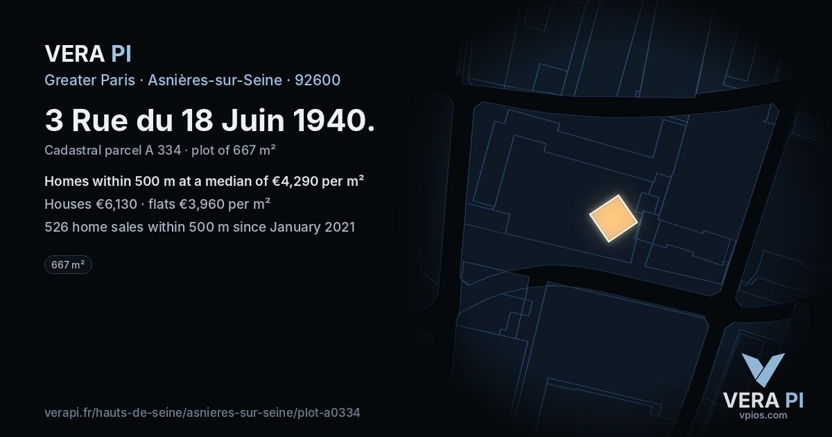 3 Rue du 18 Juin 1940, Asnières-sur-Seine at night – the plot lit, the parcels around coloured by the prices near them