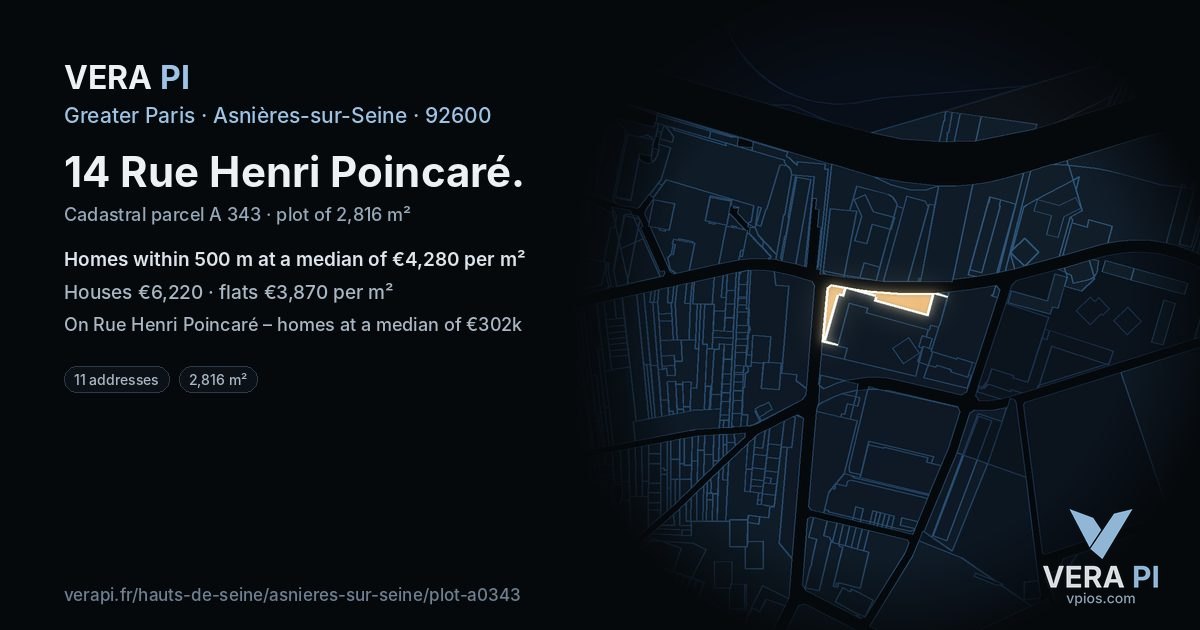 14 Rue Henri Poincaré, Asnières-sur-Seine at night – the plot lit, the parcels around coloured by the prices near them