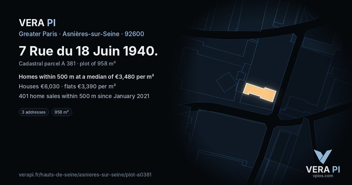 7 Rue du 18 Juin 1940, Asnières-sur-Seine at night – the plot lit, the parcels around coloured by the prices near them