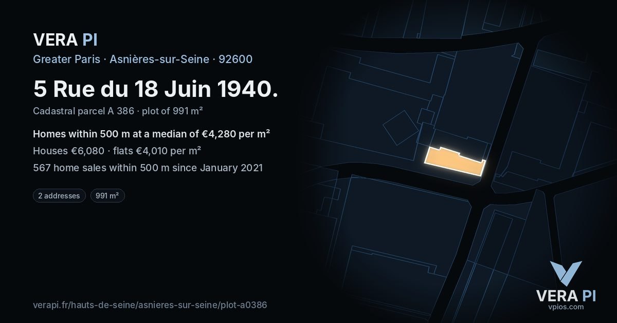 5 Rue du 18 Juin 1940, Asnières-sur-Seine at night – the plot lit, the parcels around coloured by the prices near them