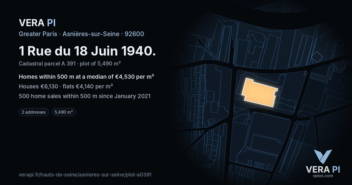 1 Rue du 18 Juin 1940, Asnières-sur-Seine at night – the plot lit, the parcels around coloured by the prices near them