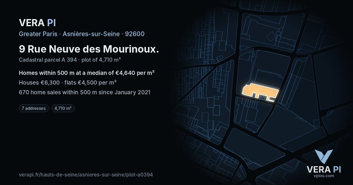 9 Rue Neuve des Mourinoux, Asnières-sur-Seine at night – the plot lit, the parcels around coloured by the prices near them