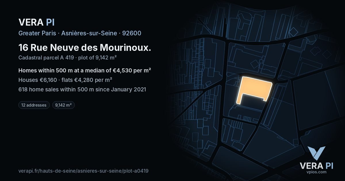 16 Rue Neuve des Mourinoux, Asnières-sur-Seine at night – the plot lit, the parcels around coloured by the prices near them