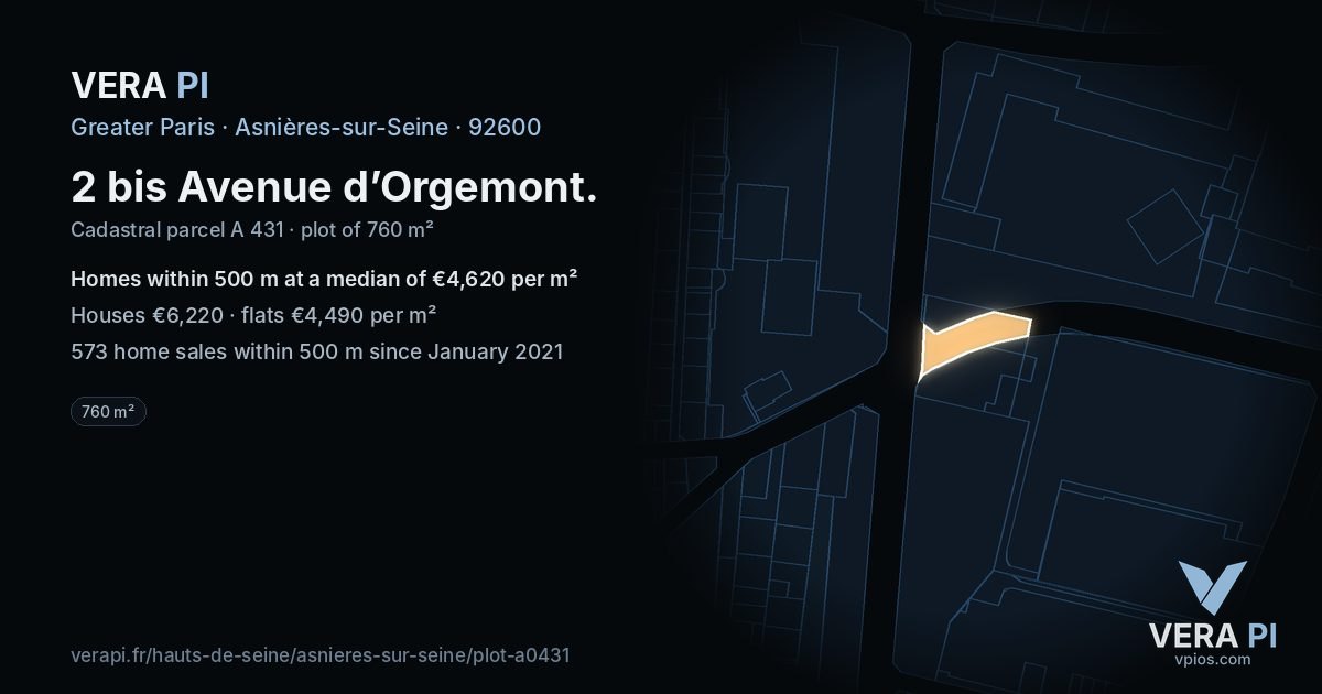 2 bis Avenue d’Orgemont, Asnières-sur-Seine at night – the plot lit, the parcels around coloured by the prices near them