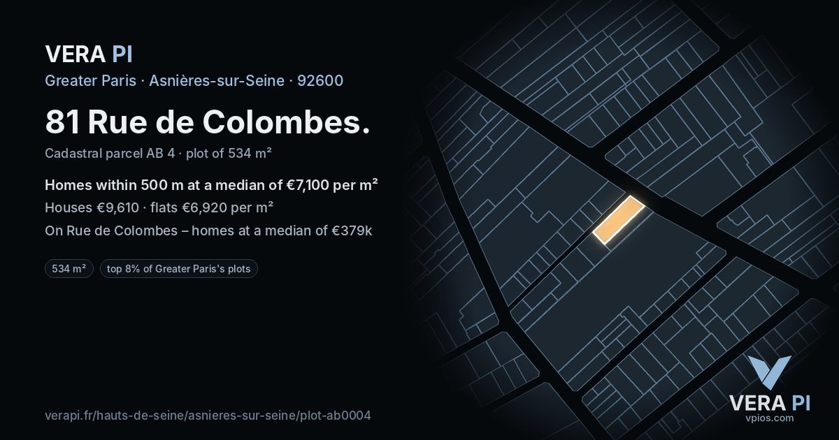 81 Rue de Colombes, Asnières-sur-Seine at night – the plot lit, the parcels around coloured by the prices near them