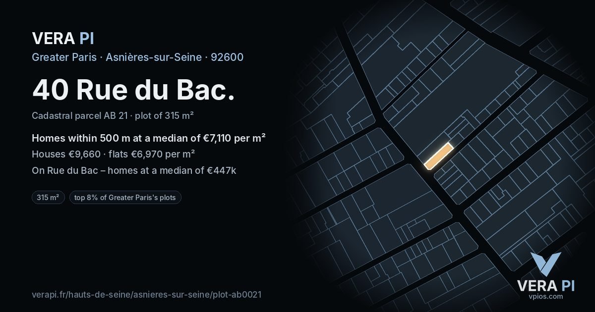 40 Rue du Bac, Asnières-sur-Seine at night – the plot lit, the parcels around coloured by the prices near them