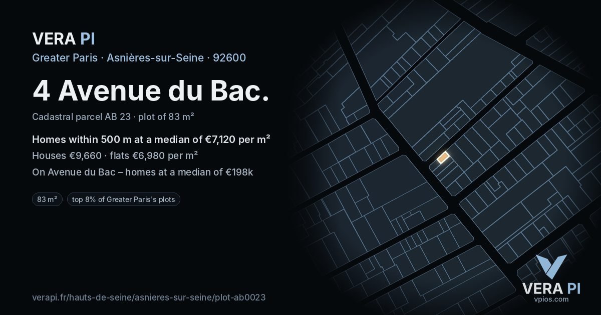 4 Avenue du Bac, Asnières-sur-Seine at night – the plot lit, the parcels around coloured by the prices near them