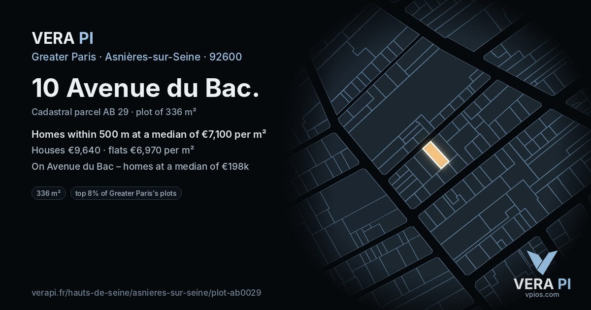 10 Avenue du Bac, Asnières-sur-Seine at night – the plot lit, the parcels around coloured by the prices near them