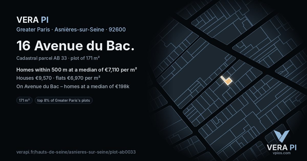 16 Avenue du Bac, Asnières-sur-Seine at night – the plot lit, the parcels around coloured by the prices near them