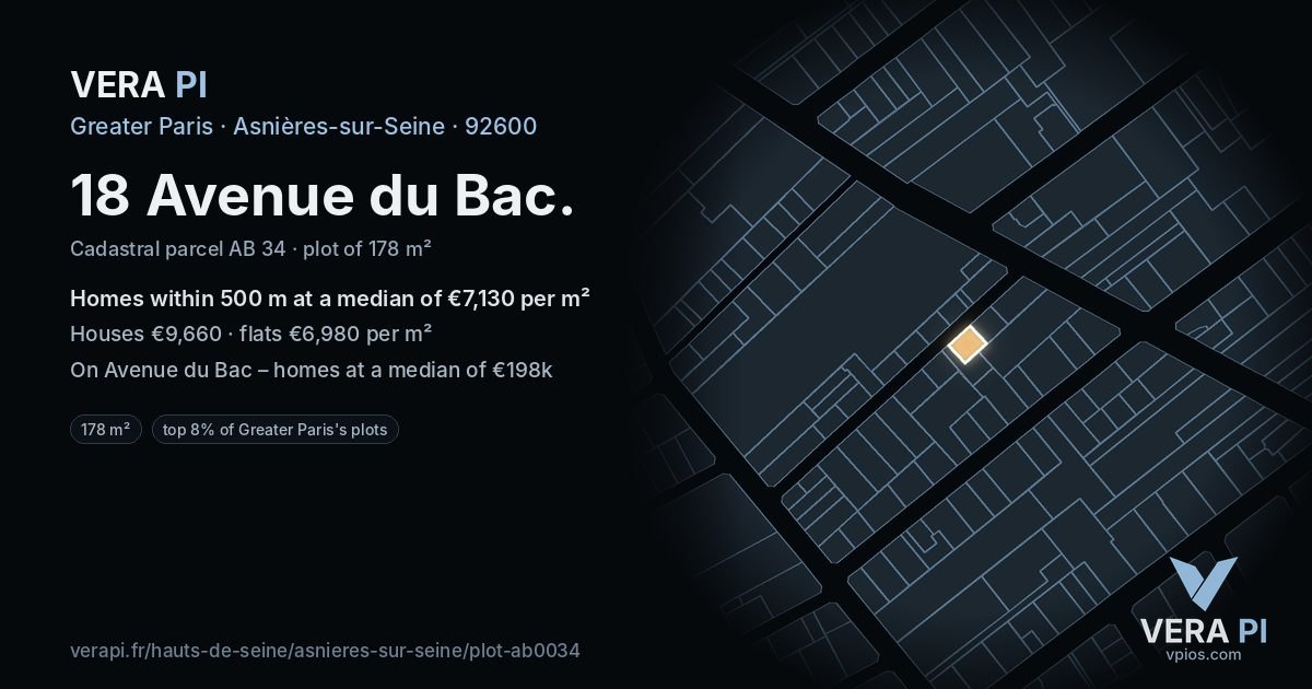 18 Avenue du Bac, Asnières-sur-Seine at night – the plot lit, the parcels around coloured by the prices near them