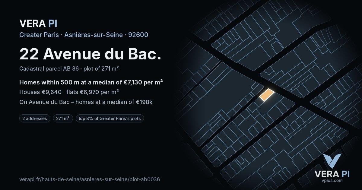 22 Avenue du Bac, Asnières-sur-Seine at night – the plot lit, the parcels around coloured by the prices near them