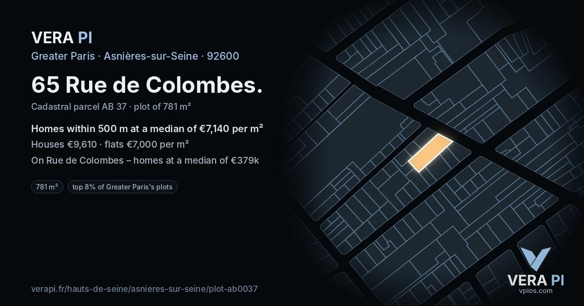 65 Rue de Colombes, Asnières-sur-Seine at night – the plot lit, the parcels around coloured by the prices near them