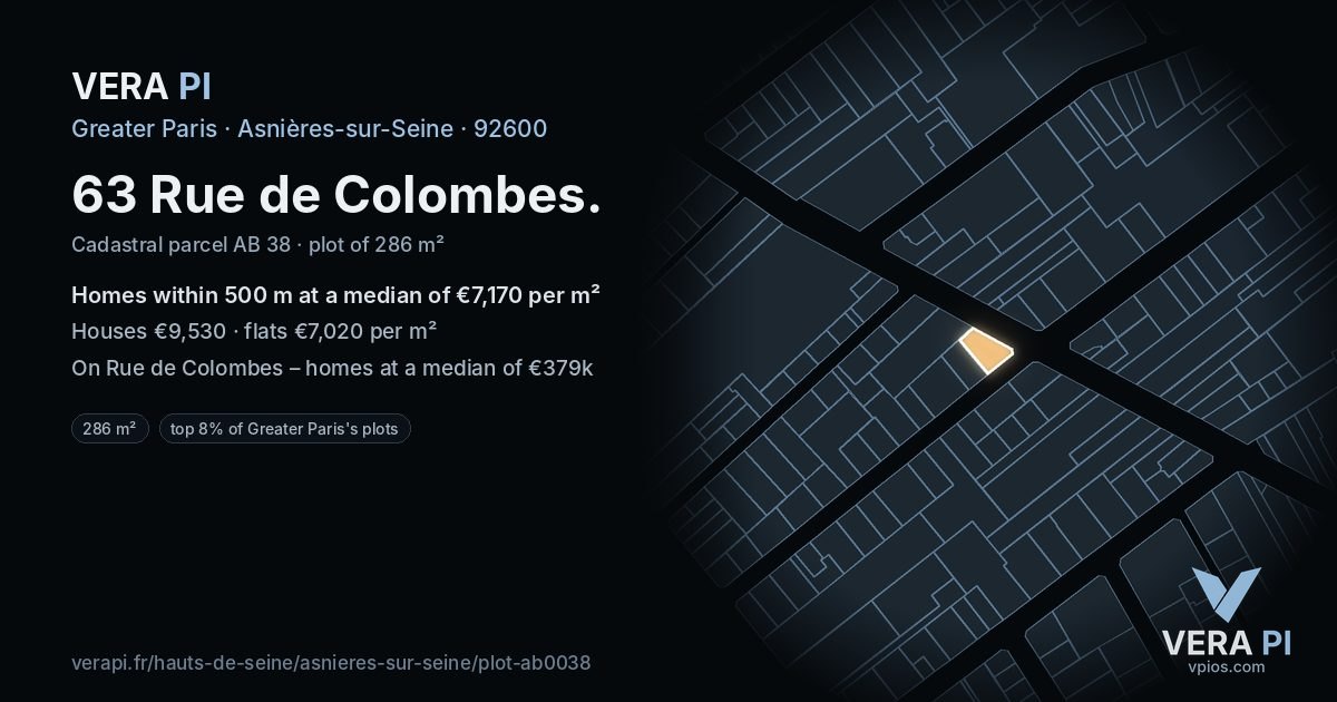 63 Rue de Colombes, Asnières-sur-Seine at night – the plot lit, the parcels around coloured by the prices near them