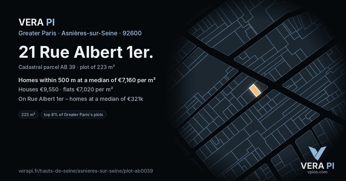 21 Rue Albert 1er, Asnières-sur-Seine at night – the plot lit, the parcels around coloured by the prices near them