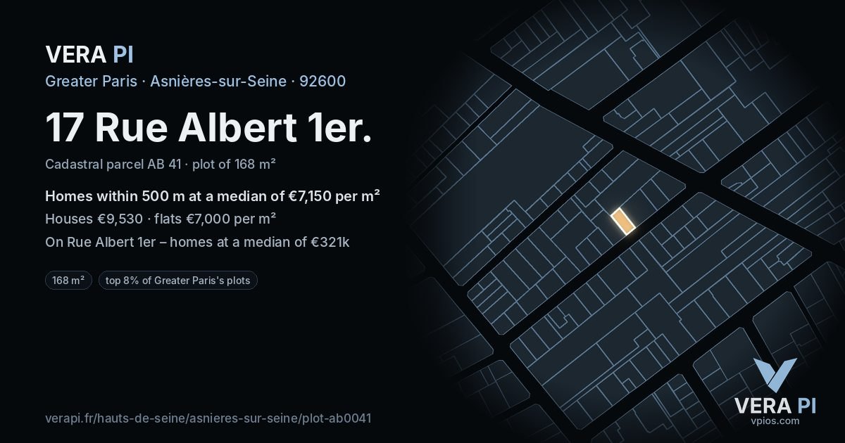 17 Rue Albert 1er, Asnières-sur-Seine at night – the plot lit, the parcels around coloured by the prices near them
