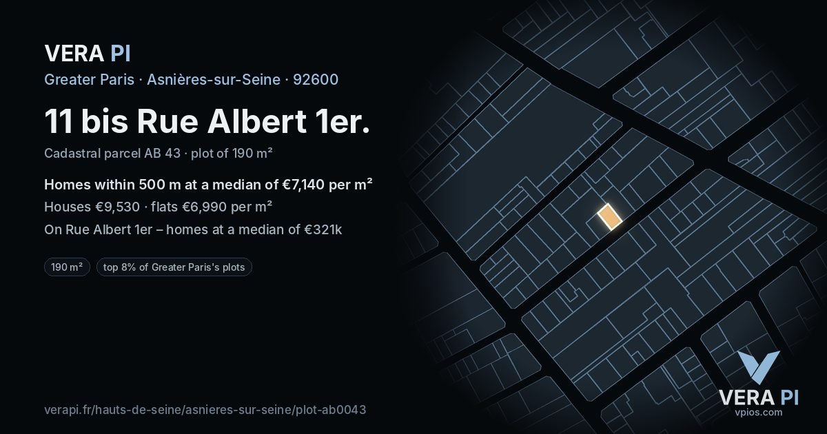 11 bis Rue Albert 1er, Asnières-sur-Seine at night – the plot lit, the parcels around coloured by the prices near them