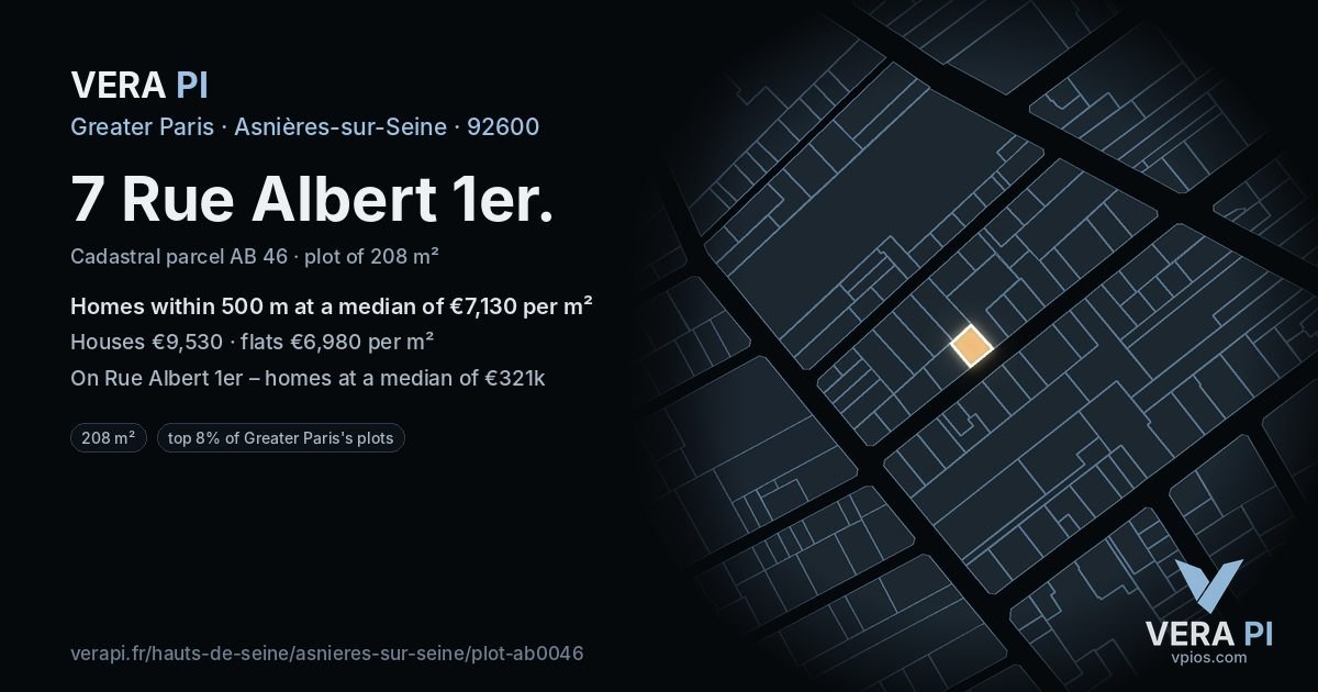 7 Rue Albert 1er, Asnières-sur-Seine at night – the plot lit, the parcels around coloured by the prices near them