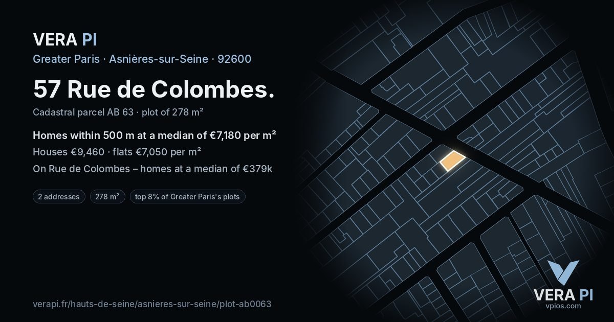 57 Rue de Colombes, Asnières-sur-Seine at night – the plot lit, the parcels around coloured by the prices near them