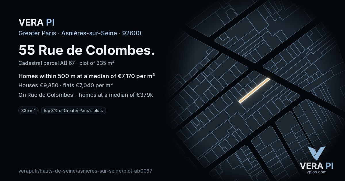55 Rue de Colombes, Asnières-sur-Seine at night – the plot lit, the parcels around coloured by the prices near them