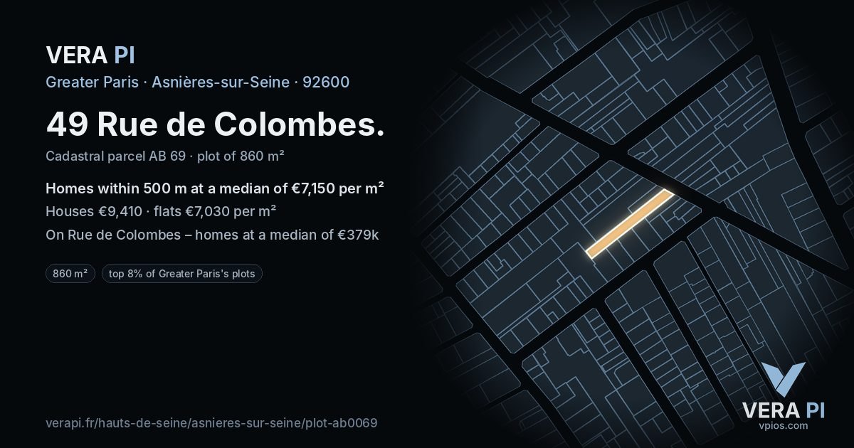 49 Rue de Colombes, Asnières-sur-Seine at night – the plot lit, the parcels around coloured by the prices near them