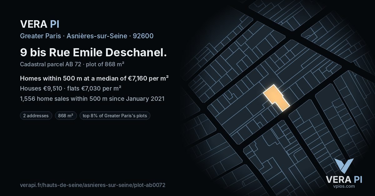 9 bis Rue Emile Deschanel, Asnières-sur-Seine at night – the plot lit, the parcels around coloured by the prices near them