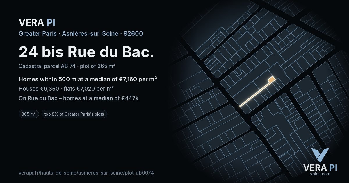 24 bis Rue du Bac, Asnières-sur-Seine at night – the plot lit, the parcels around coloured by the prices near them