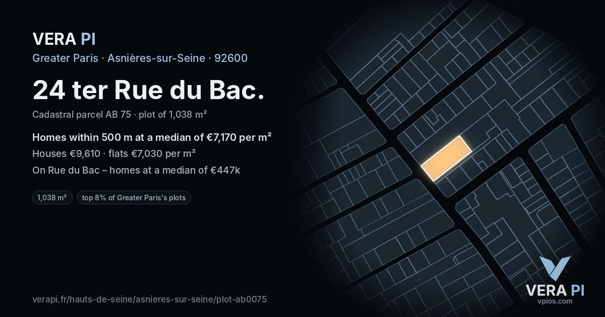 24 ter Rue du Bac, Asnières-sur-Seine at night – the plot lit, the parcels around coloured by the prices near them