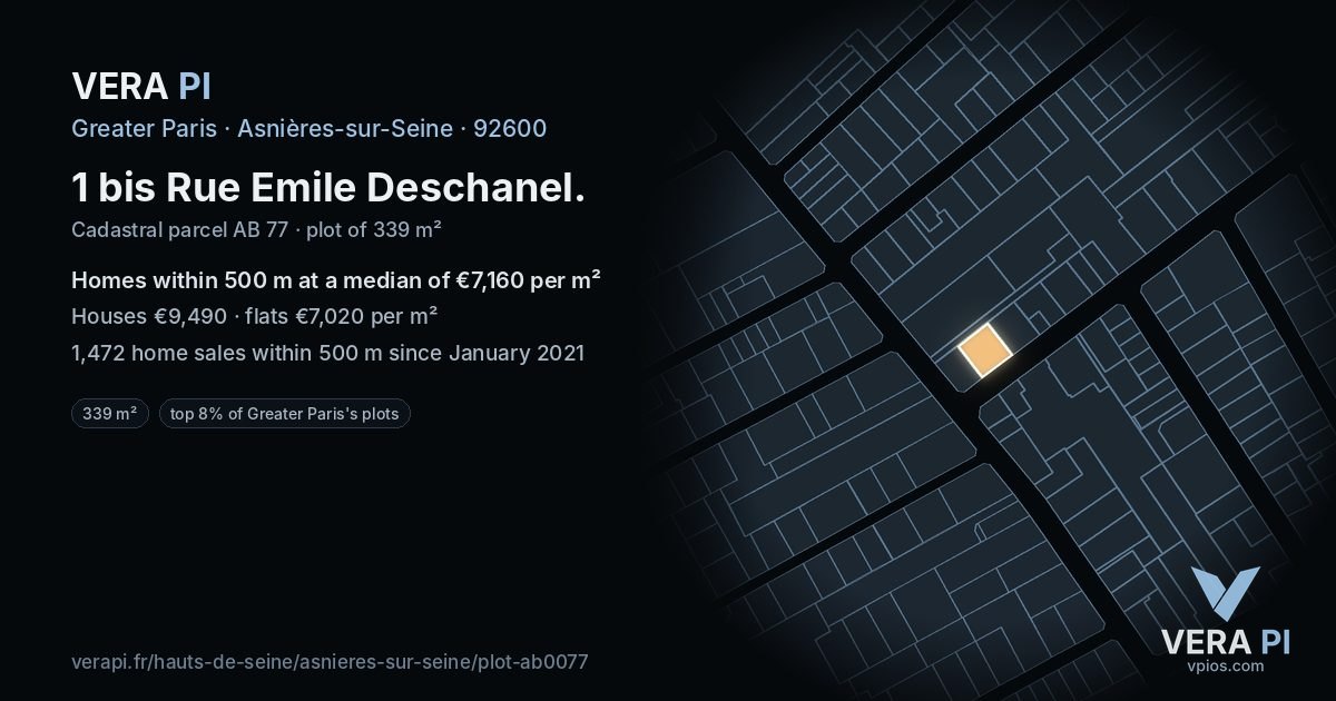1 bis Rue Emile Deschanel, Asnières-sur-Seine at night – the plot lit, the parcels around coloured by the prices near them