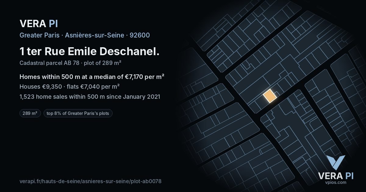 1 ter Rue Emile Deschanel, Asnières-sur-Seine at night – the plot lit, the parcels around coloured by the prices near them