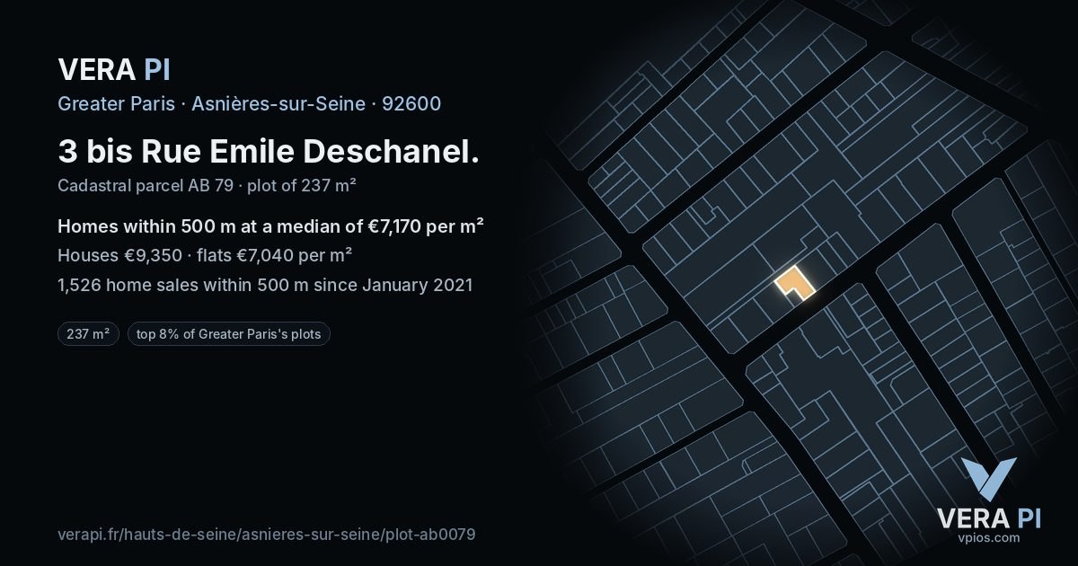3 bis Rue Emile Deschanel, Asnières-sur-Seine at night – the plot lit, the parcels around coloured by the prices near them
