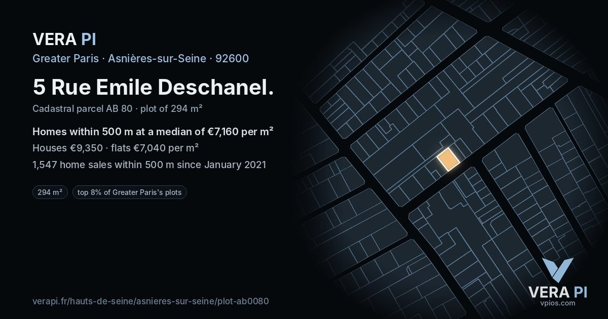 5 Rue Emile Deschanel, Asnières-sur-Seine at night – the plot lit, the parcels around coloured by the prices near them