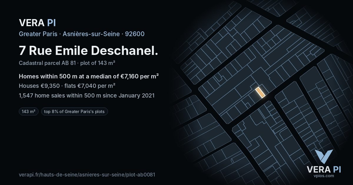 7 Rue Emile Deschanel, Asnières-sur-Seine at night – the plot lit, the parcels around coloured by the prices near them