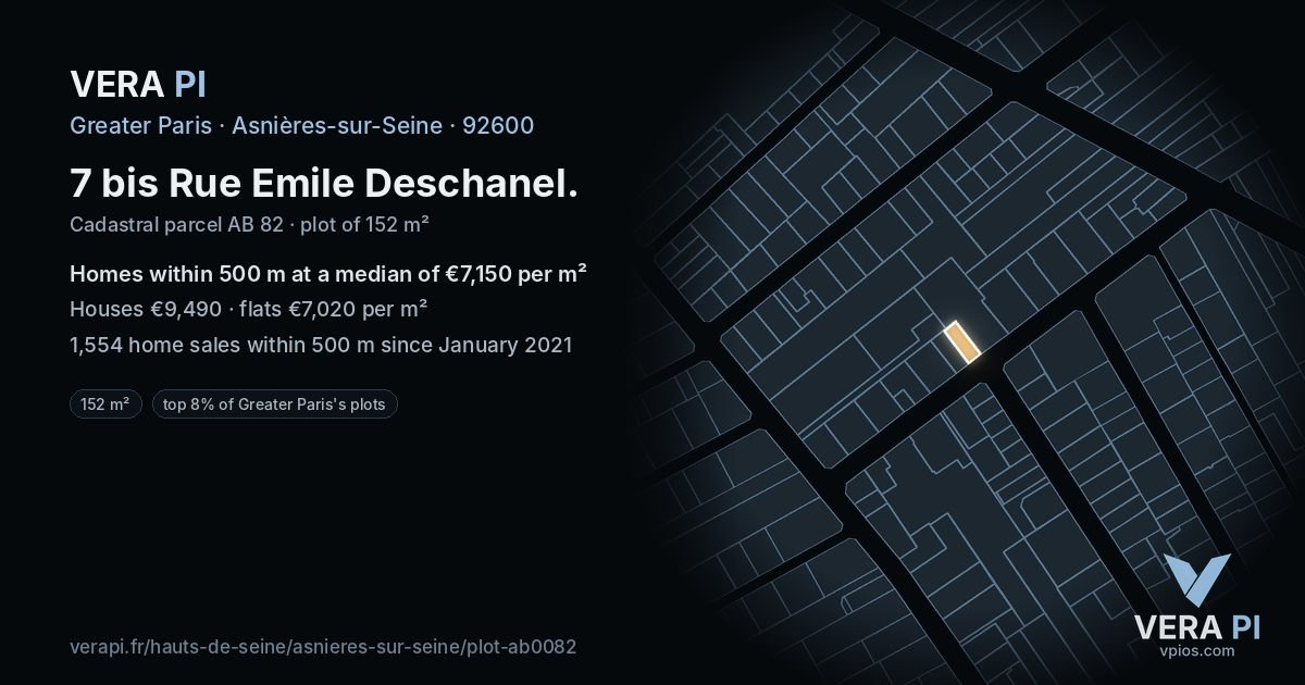 7 bis Rue Emile Deschanel, Asnières-sur-Seine at night – the plot lit, the parcels around coloured by the prices near them