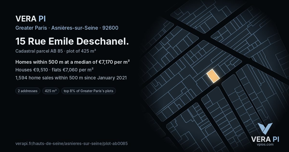 15 Rue Emile Deschanel, Asnières-sur-Seine at night – the plot lit, the parcels around coloured by the prices near them