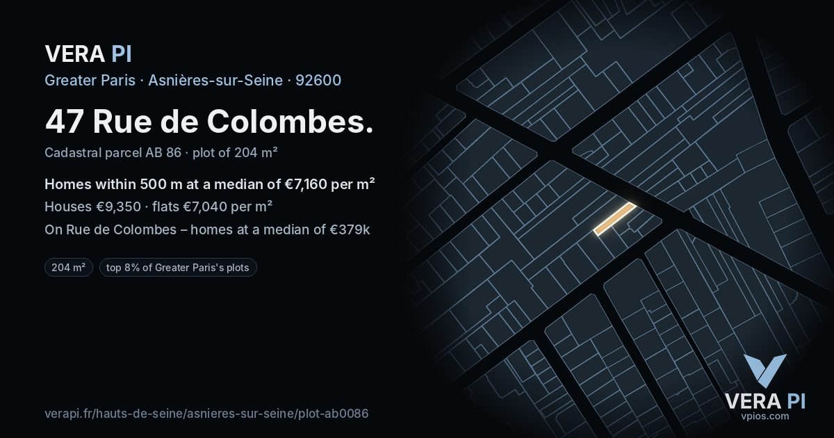 47 Rue de Colombes, Asnières-sur-Seine at night – the plot lit, the parcels around coloured by the prices near them