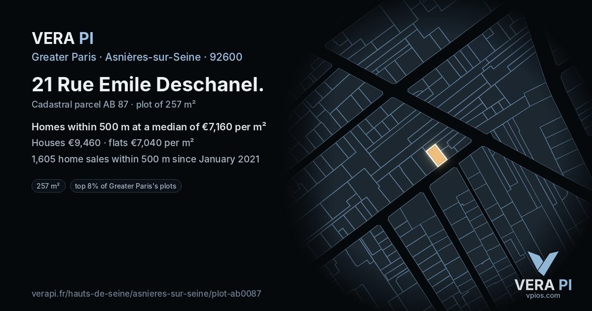 21 Rue Emile Deschanel, Asnières-sur-Seine at night – the plot lit, the parcels around coloured by the prices near them
