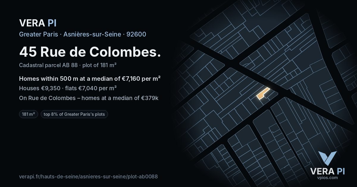 45 Rue de Colombes, Asnières-sur-Seine at night – the plot lit, the parcels around coloured by the prices near them