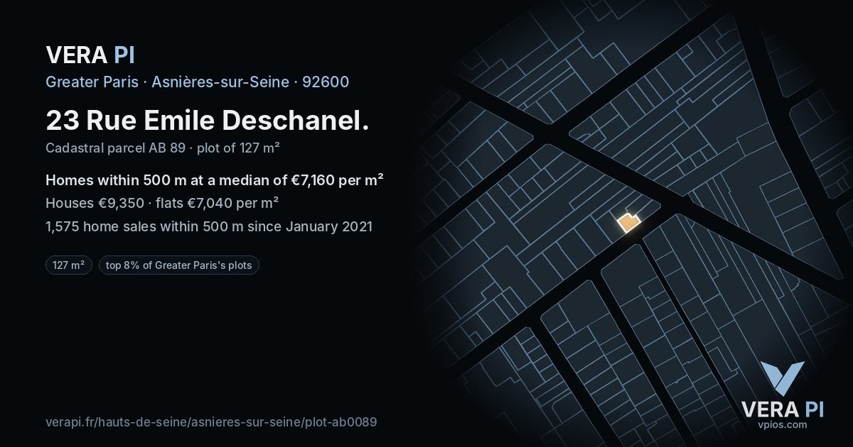 23 Rue Emile Deschanel, Asnières-sur-Seine at night – the plot lit, the parcels around coloured by the prices near them