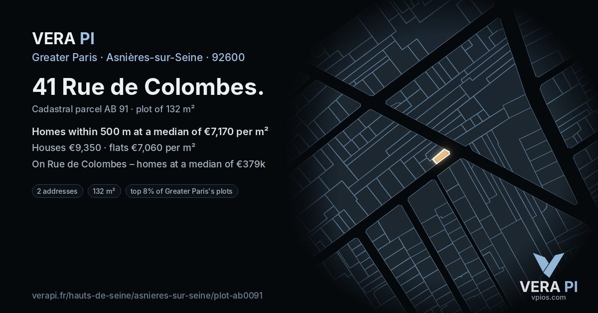 41 Rue de Colombes, Asnières-sur-Seine at night – the plot lit, the parcels around coloured by the prices near them