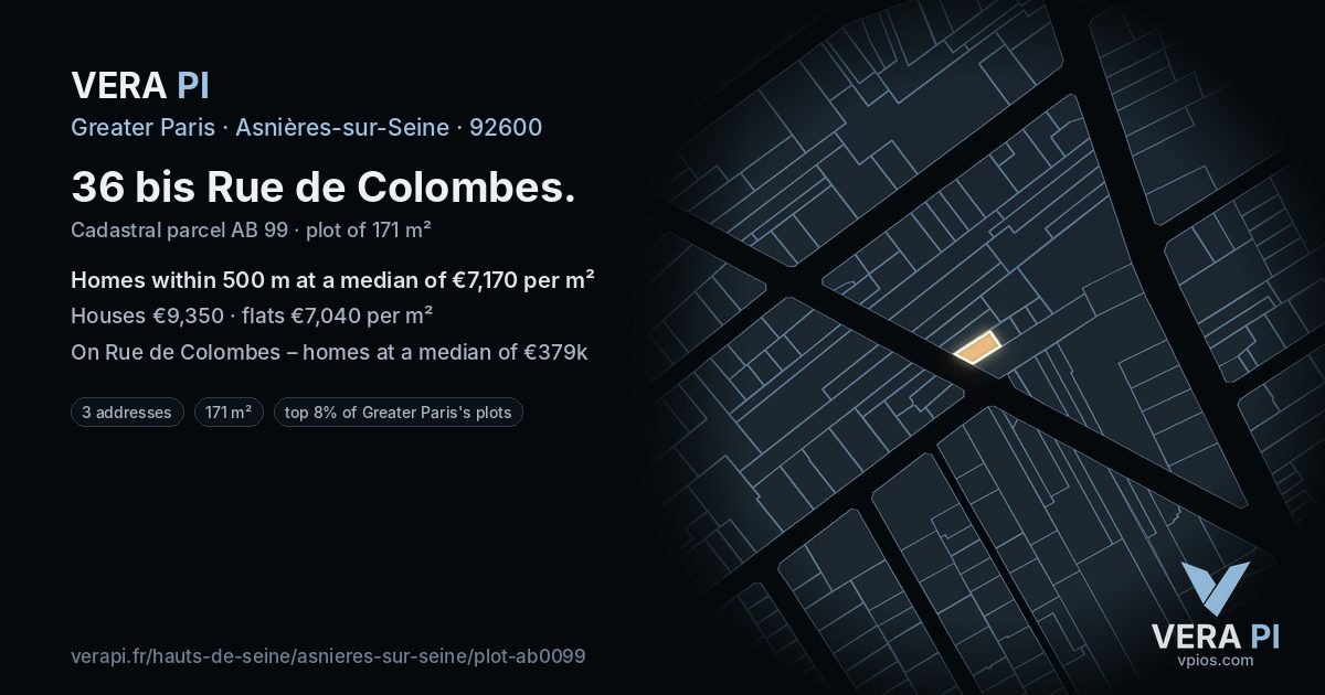 36 bis Rue de Colombes, Asnières-sur-Seine at night – the plot lit, the parcels around coloured by the prices near them