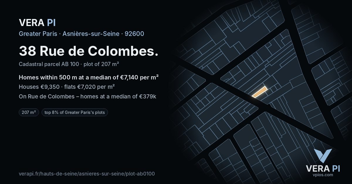 38 Rue de Colombes, Asnières-sur-Seine at night – the plot lit, the parcels around coloured by the prices near them