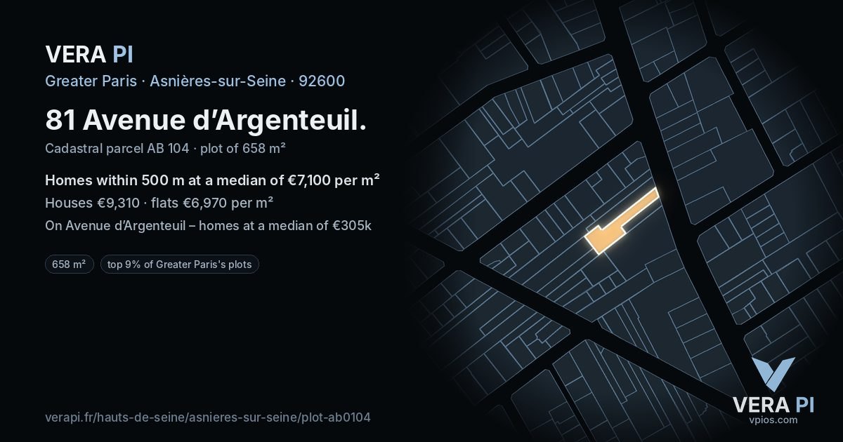 81 Avenue d’Argenteuil, Asnières-sur-Seine at night – the plot lit, the parcels around coloured by the prices near them