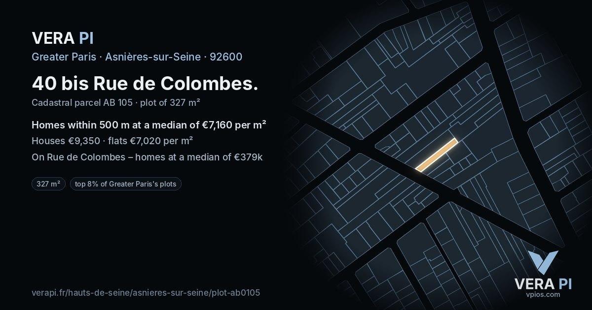 40 bis Rue de Colombes, Asnières-sur-Seine at night – the plot lit, the parcels around coloured by the prices near them