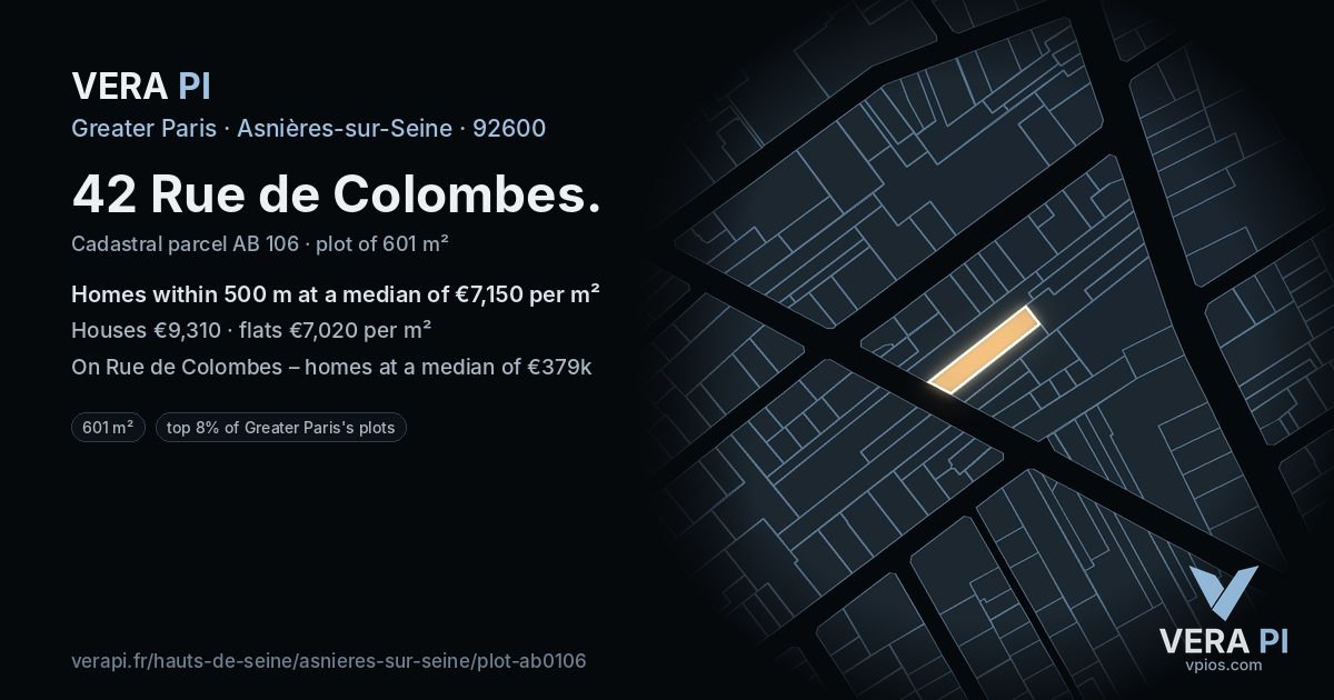 42 Rue de Colombes, Asnières-sur-Seine at night – the plot lit, the parcels around coloured by the prices near them