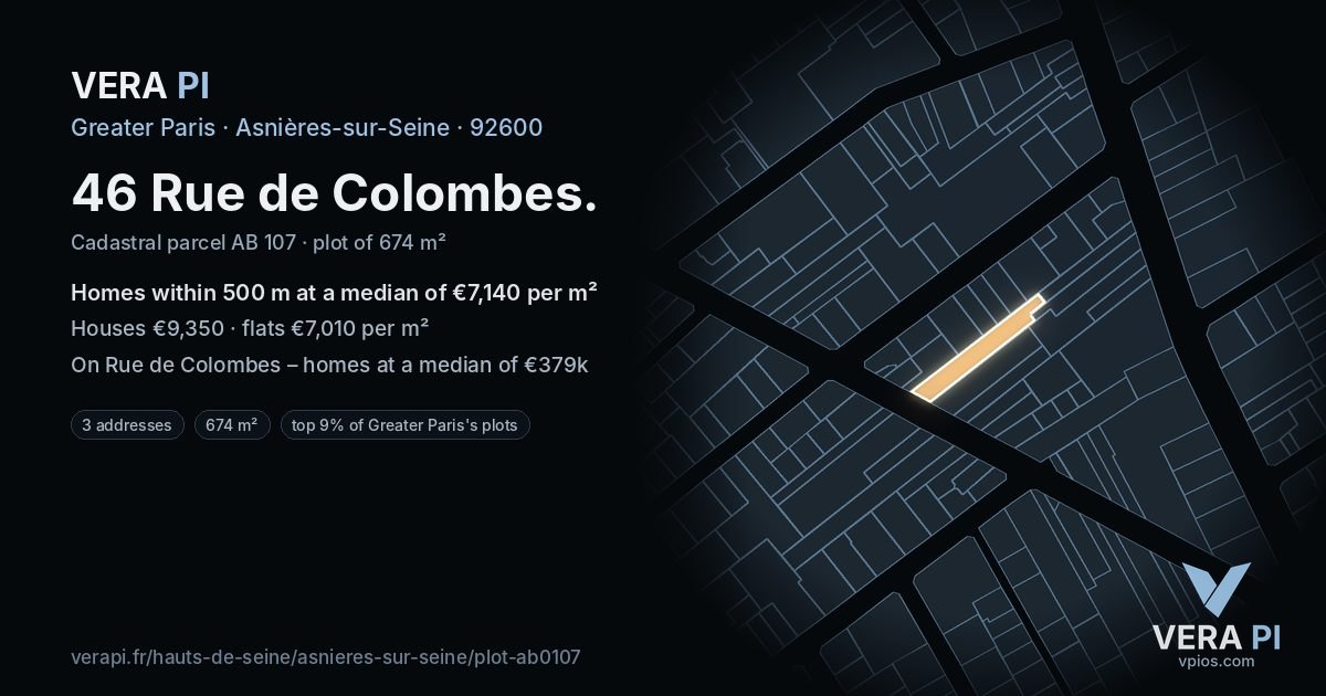 46 Rue de Colombes, Asnières-sur-Seine at night – the plot lit, the parcels around coloured by the prices near them