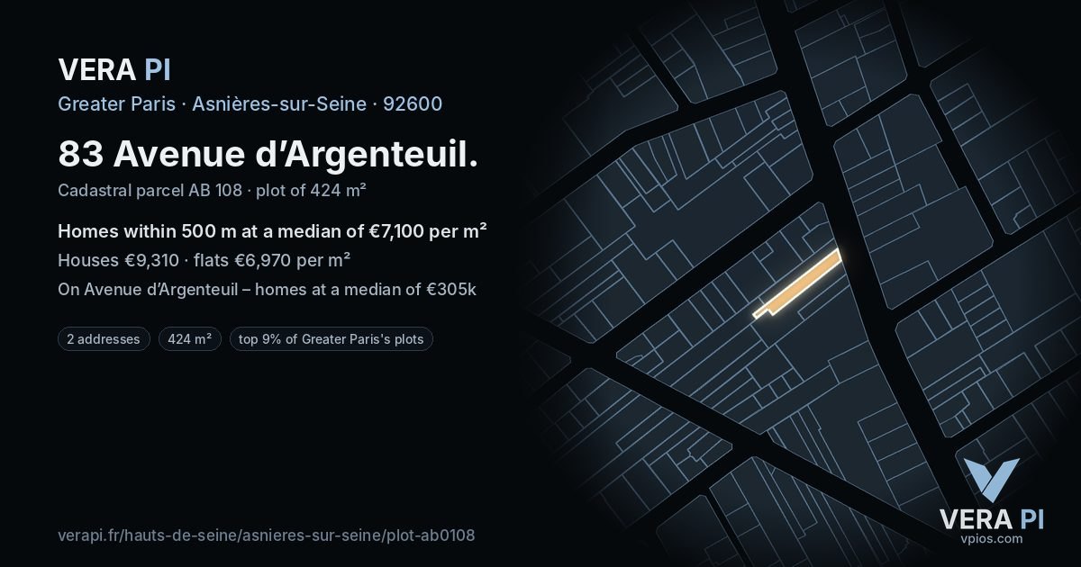 83 Avenue d’Argenteuil, Asnières-sur-Seine at night – the plot lit, the parcels around coloured by the prices near them