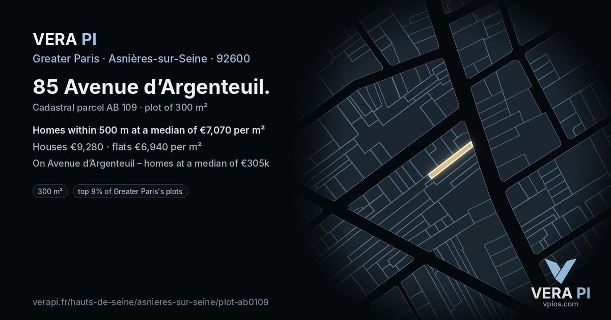 85 Avenue d’Argenteuil, Asnières-sur-Seine at night – the plot lit, the parcels around coloured by the prices near them